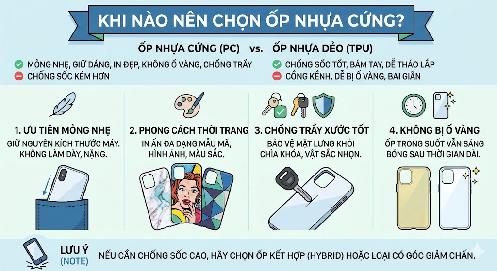 Ưu điểm của ốp nhựa cứng PC gồm chống trầy xước hiệu quả, không ố vàng theo thời gian, thiết kế mỏng nhẹ và phù hợp với người dùng yêu thích sự sang trọng.