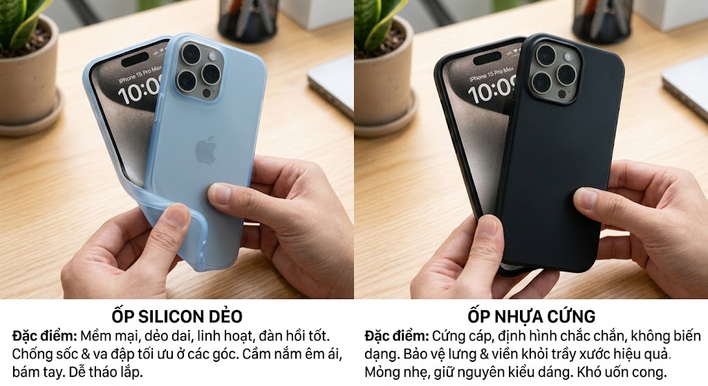 Nên chọn ốp lưng silicon dẻo hay ốp nhựa cứng cho iPhone mới? Hình ảnh so sánh độ mềm dẻo, khả năng chống va đập, chống trầy xước và bảo vệ điện thoại.