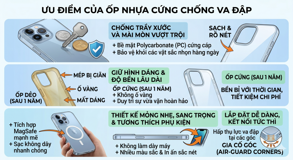 Ưu điểm của ốp nhựa cứng chống va đập với khả năng chống trầy xước, chống ố vàng, giữ form bền đẹp, hỗ trợ MagSafe và bảo vệ điện thoại toàn diện.
