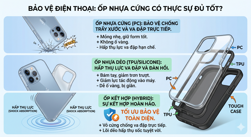 So sánh ốp nhựa cứng PC, ốp nhựa dẻo TPU và ốp Hybrid chống sốc. Hình ảnh minh họa khả năng chống va đập, chống trầy xước và bảo vệ điện thoại toàn diện.