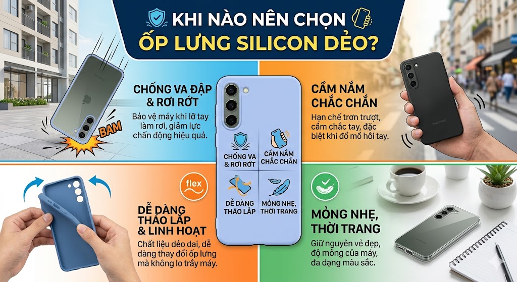 Ưu điểm của ốp lưng silicon dẻo cho điện thoại với khả năng chống sốc, chống rơi vỡ, cầm nắm chắc tay, dễ tháo lắp và giữ thiết kế mỏng nhẹ.
