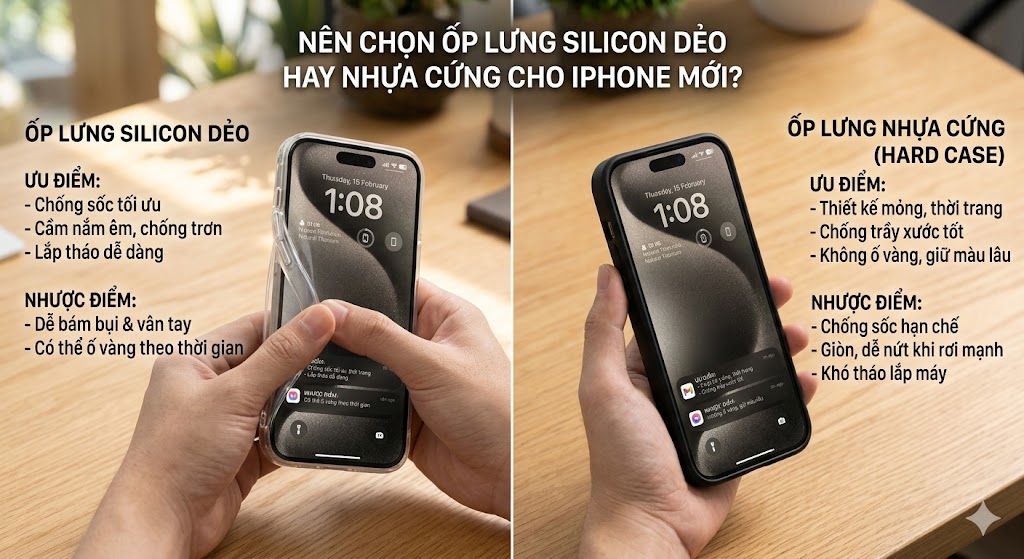So sánh ốp lưng silicon dẻo và ốp nhựa cứng cho iPhone mới, phân tích ưu điểm, nhược điểm và khả năng bảo vệ điện thoại.